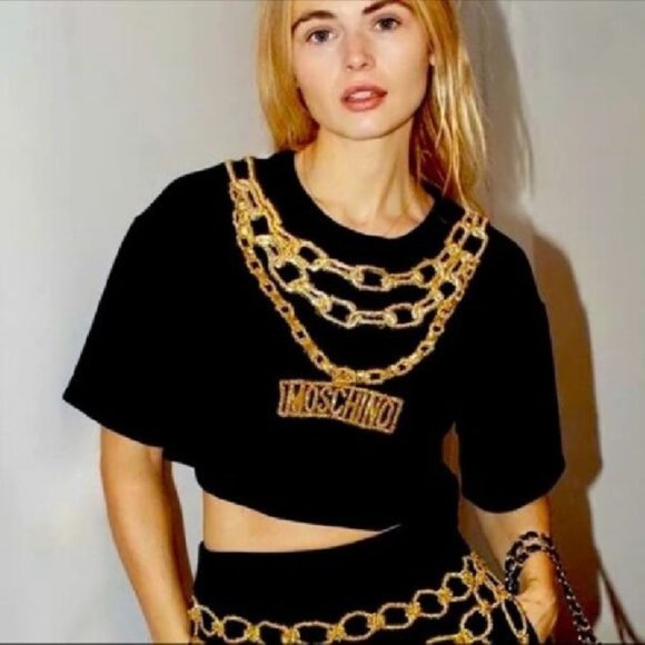 Moschino H&M Womens Top XS embellished crop Black Gold Fashion Embroidery Sexy - Picture 2 of 7